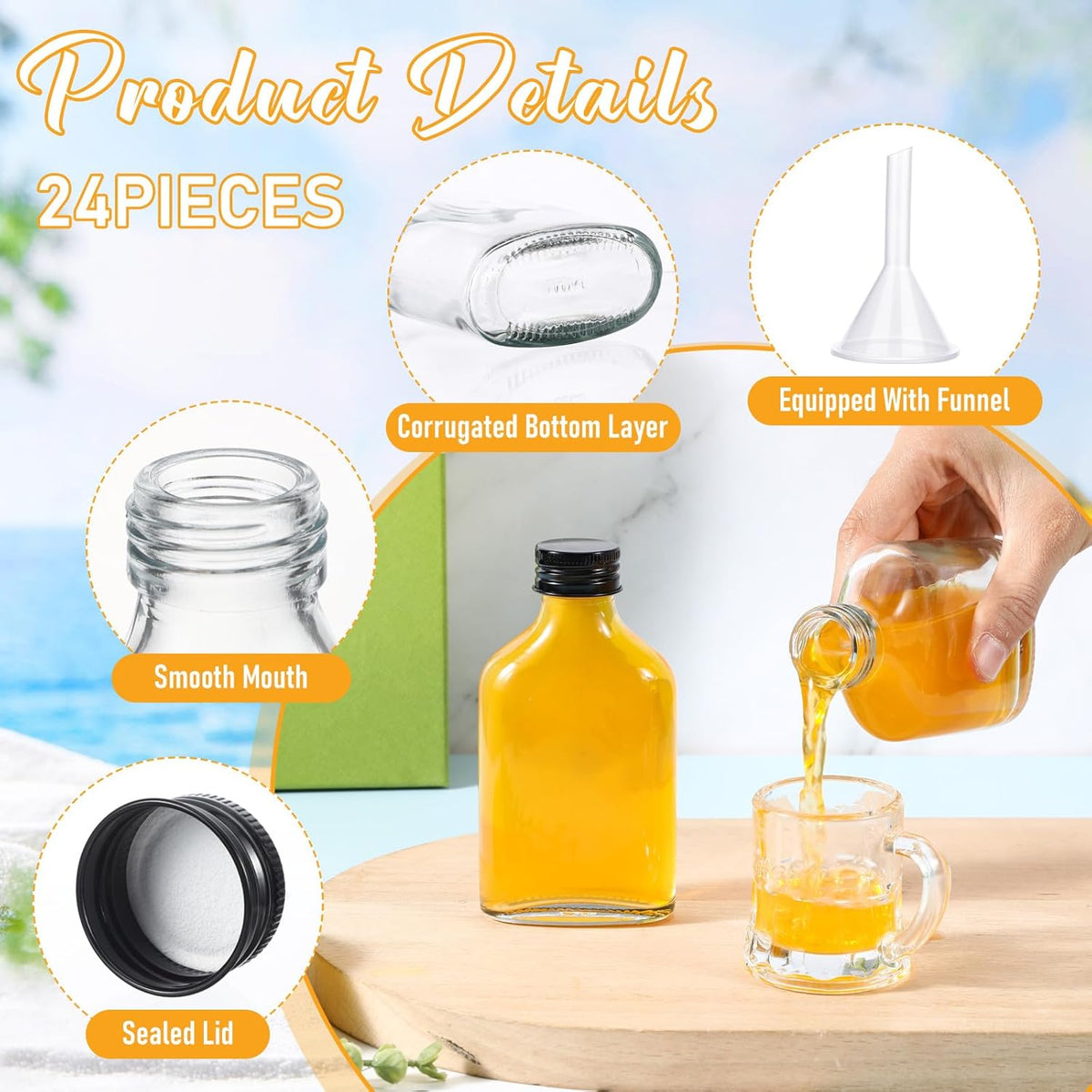 Gejoy 24 Pcs Mini Liquor Bottles Reusable Glass Flask Bottles with Black Caps Clear Empty Alcohol
