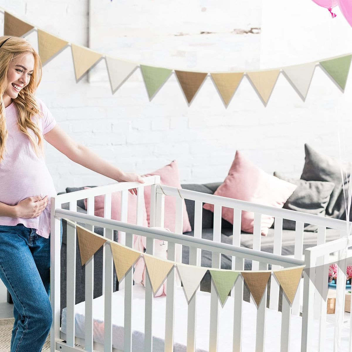 Oudain 15.5 ft Pennant Banner Flags, 2 Pcs Nursery Garland Triangle Bunting Flag Baby Banner for