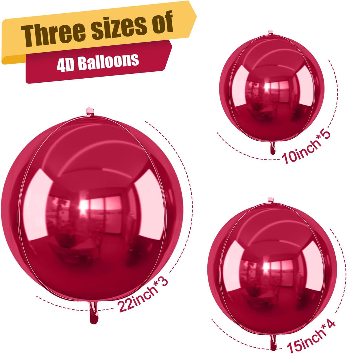 12Pcs Burgundy Red Round Foil Balloons, 22" 15" 10" 4D Helium Maroon Ball Balloon, Metallic Deep