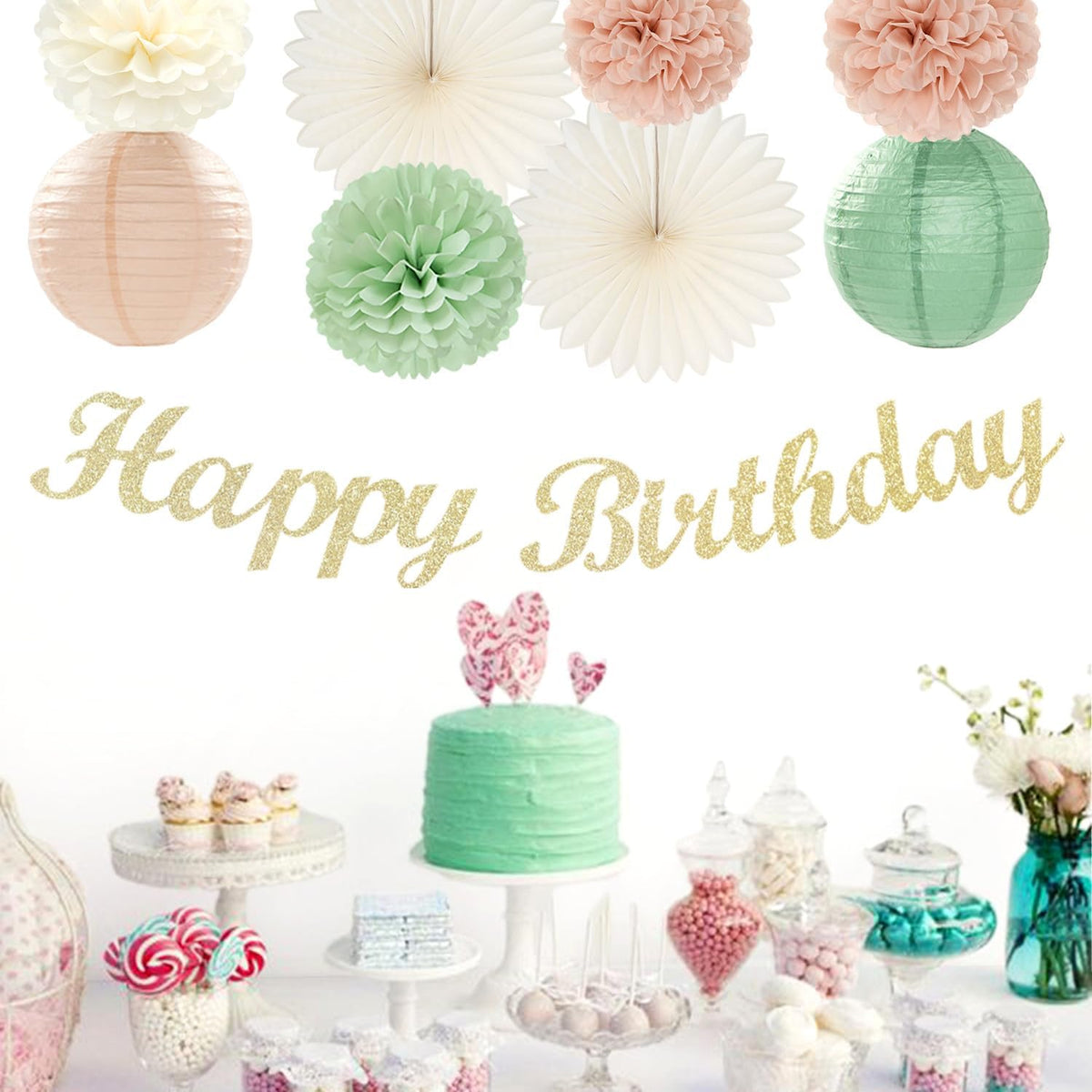 Sage-Green Pink First Happy Birthday Party-Decorations - 22pcs 18th Women Girls Paper Lanterns