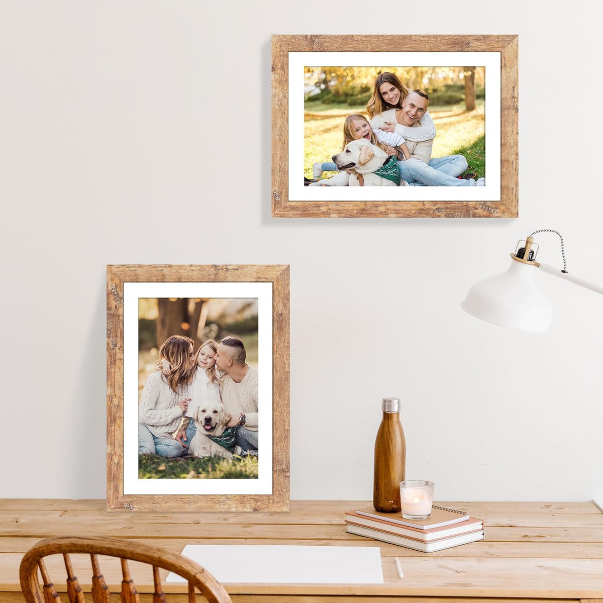 10x14 Picture Frame Set of 4 with Tempered Glass, Rustic Brown Frame Display 8x12 Pictures with Mat