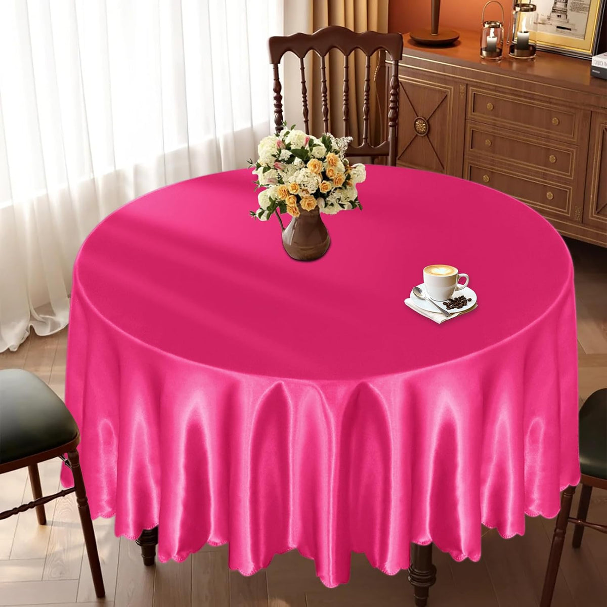 KKJIAF 1 Pack Round Table Cloths 90 Inch, Hot Pink Overlay Round Satin Table Cover, Silky Satin