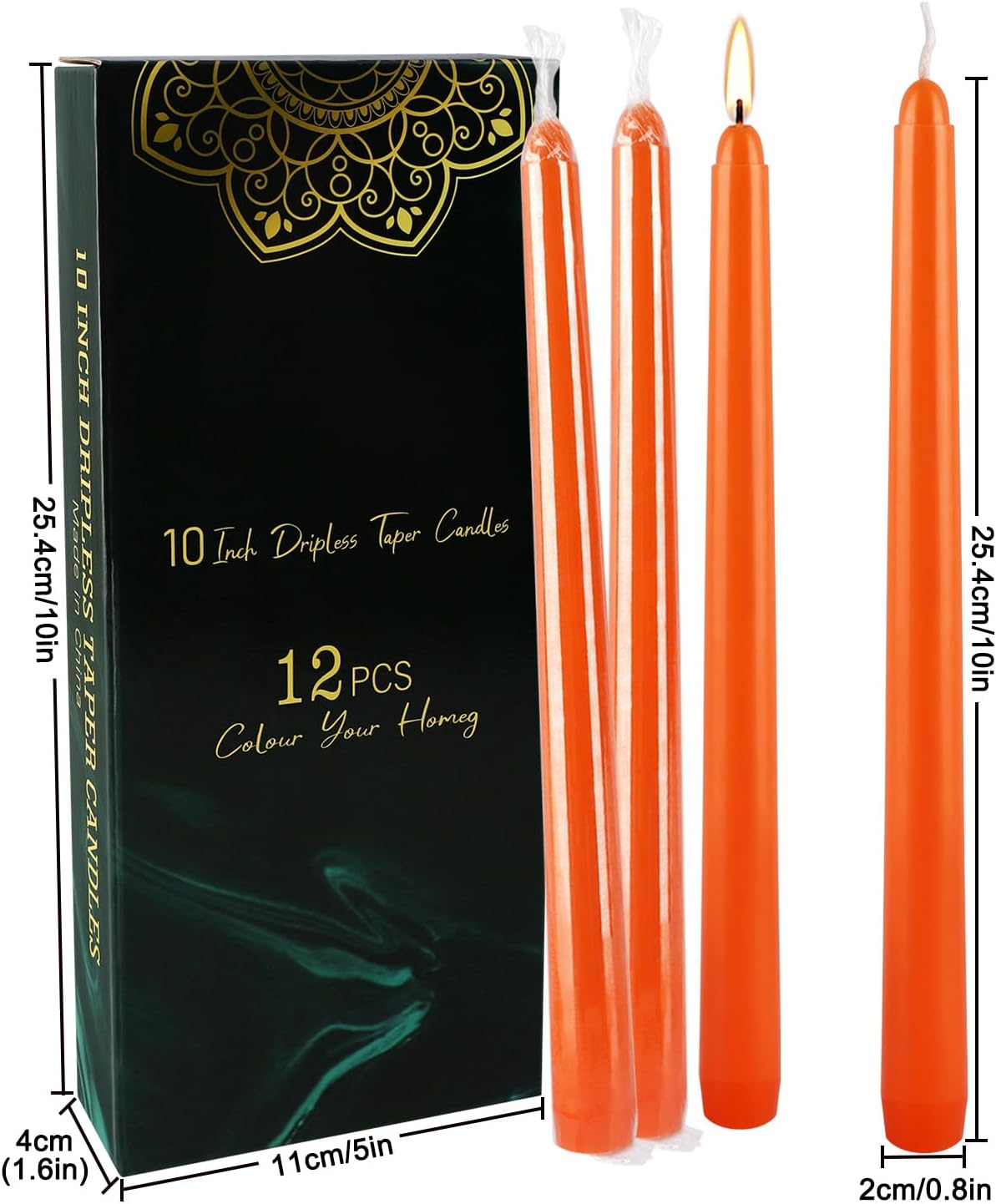 12-Pack Orange Taper Candles - 10 Inch Unscented Dripless Candlesticks, Long Burning for Halloween