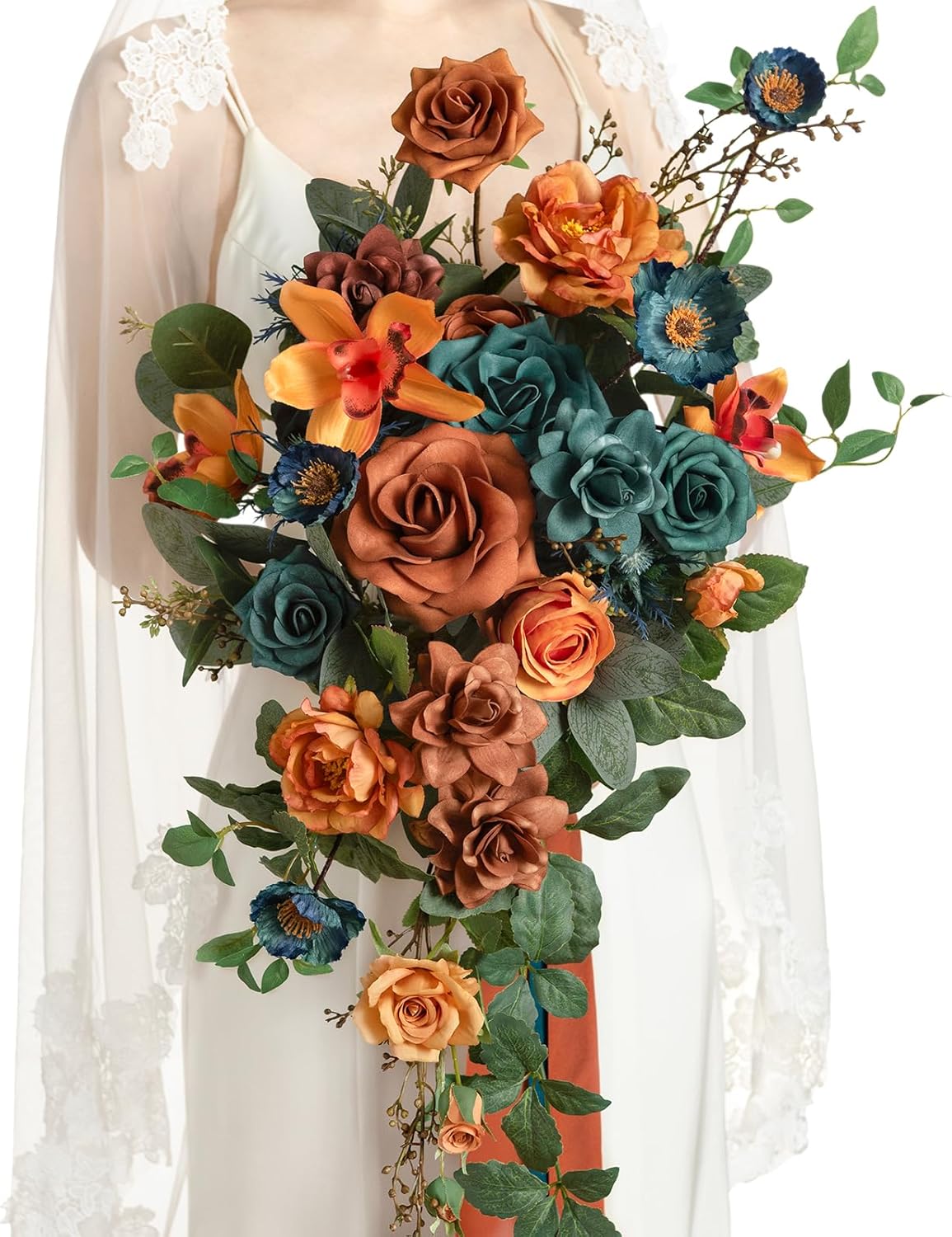 Ling's moment Teal Bridal Bouquet Cascading, Burnt Orange Wedding Bouquets for Bride, 13 Inch
