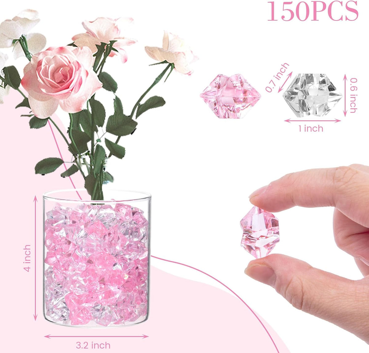 DomeStar Fake Ice, 150PCS Acrylic Fake Diamonds Vase Fillers Pink and Transparent Rocks Plastic