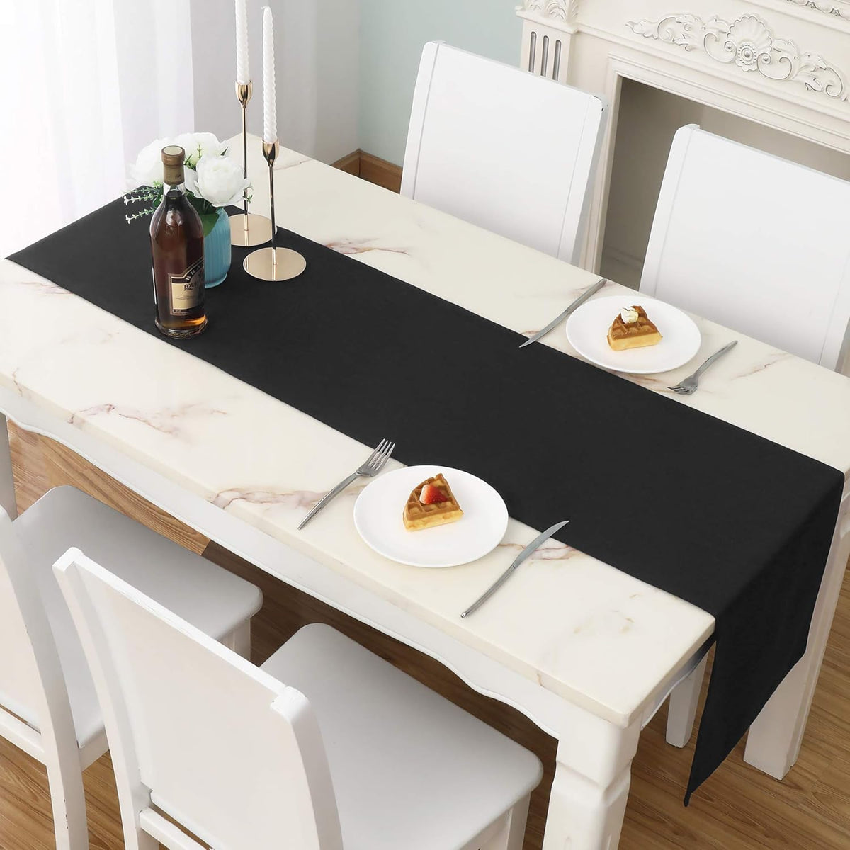 DUALIFE Jet Black Table Runner 14x72 inch Solid Color Thick Polyester Decorative Cloth Handcrafted