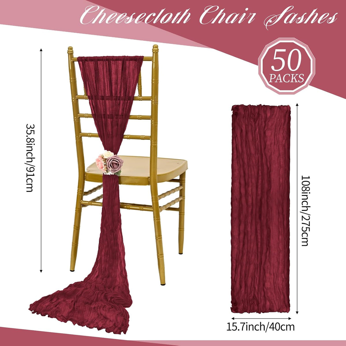 50 PCS Cheesecloth Chair Sashes, Bows Designed ChairSashes, 15.7x108 inch Chair Sashes for Aisle