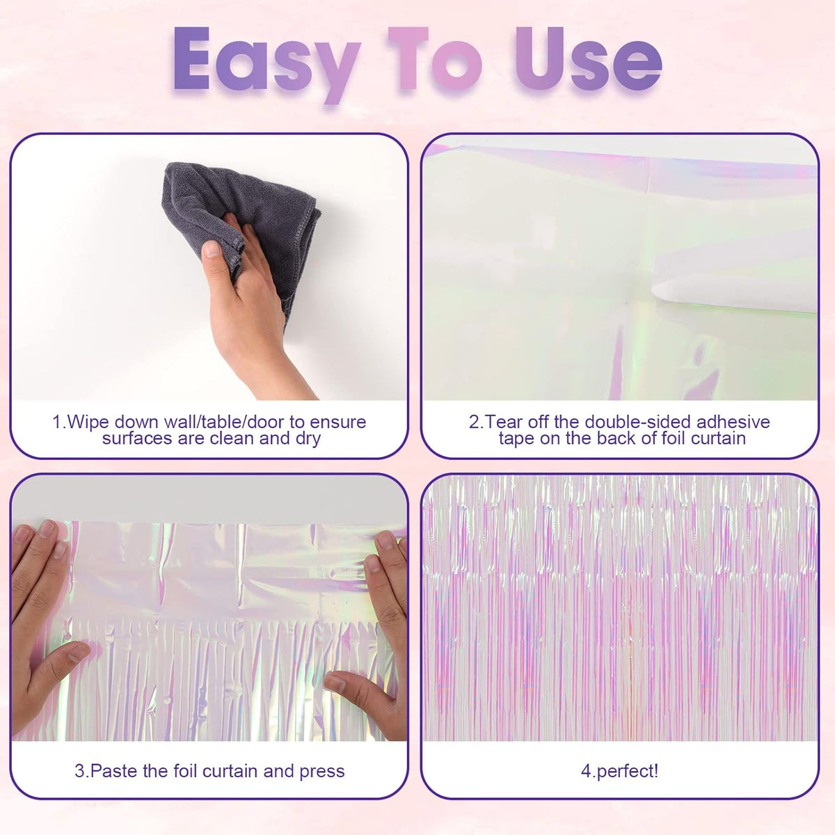 4 Pack Iridescent Transparent Foil Fringe Backdrop Curtains, Tinsel Streamers Birthday Party