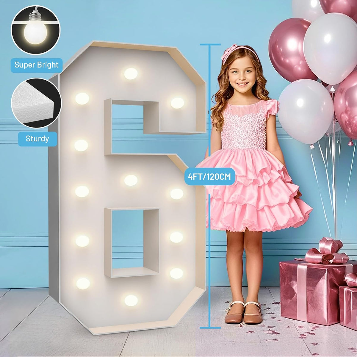 4FT Marquee Light Up Numbers 6,Party Decoration Large Marquee Light Up Letters with Weighted Water