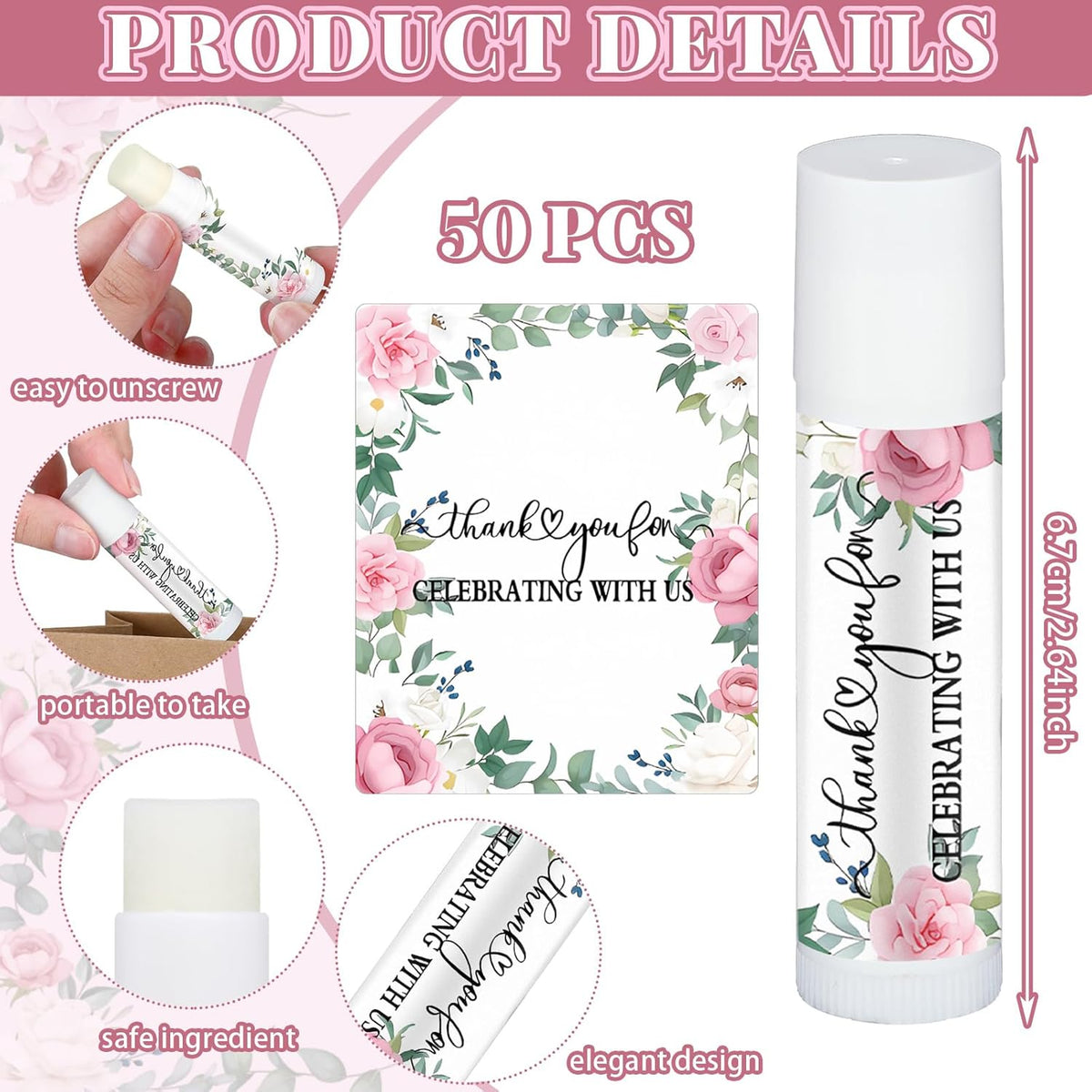 50 Pcs Pink Flowers Wedding Bridal Shower Gifts Bulk Floral Lip Balm Baby Shower Party Favors Thank