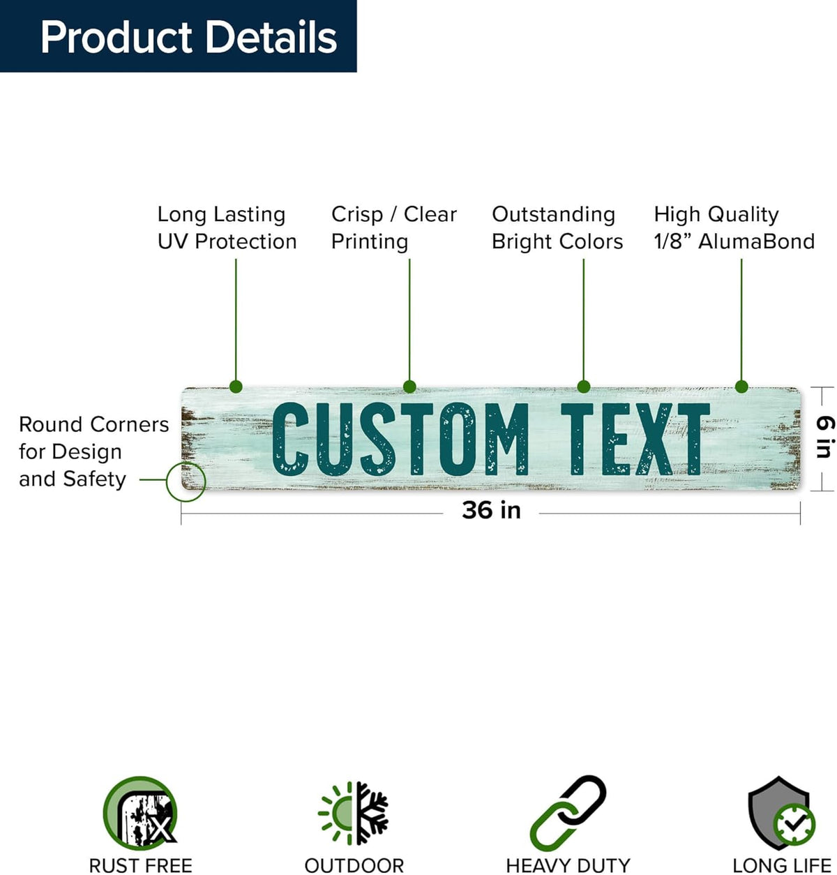 Custom Sign, Custom Street Sign, 11 Font Colors, 13 Font Styles, 4 Hole Options, 22 Sizes, 6x36