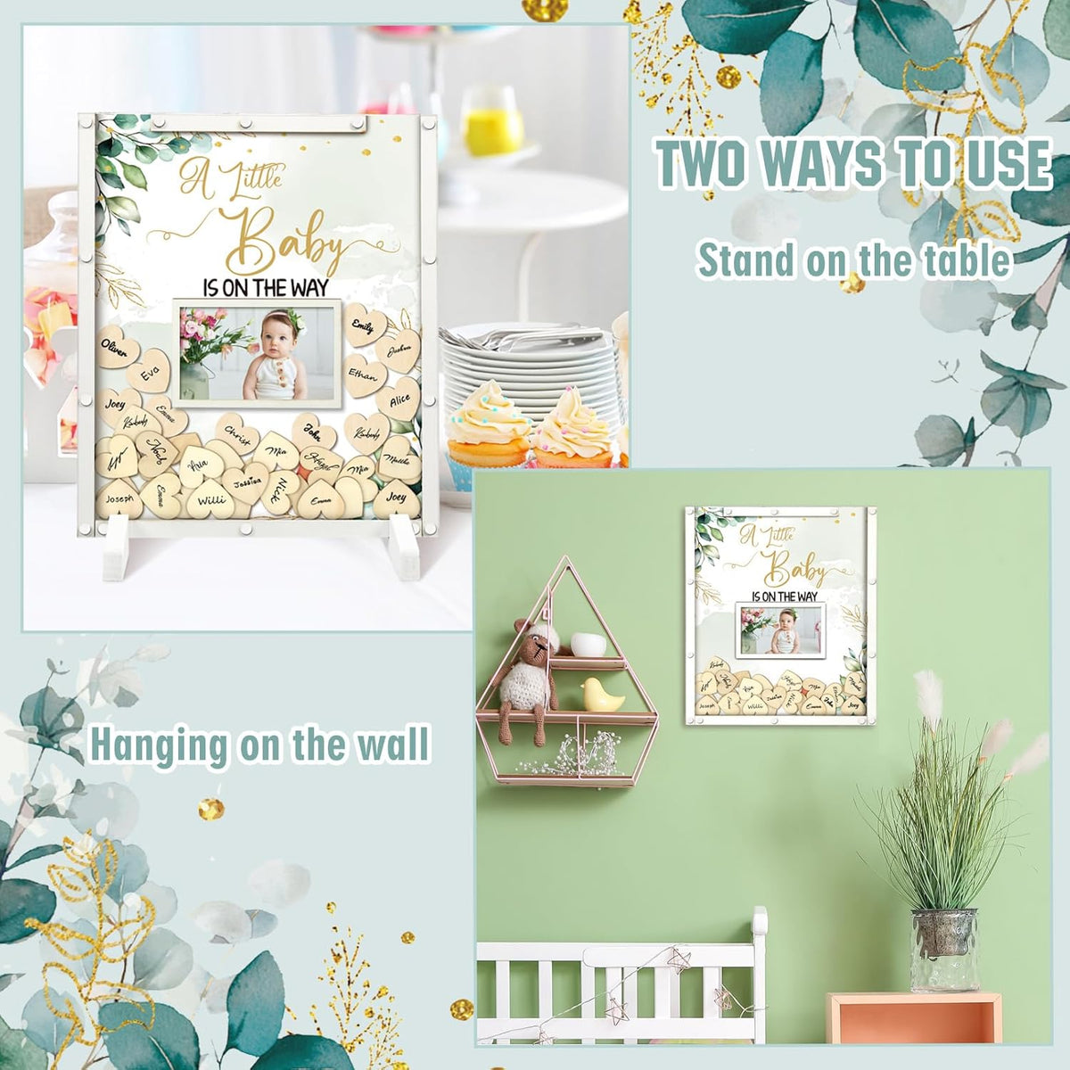 65 Pcs Greenery Baby Shower Guest Book Alternatives He or She Gender Reveal Decorations Sign in
