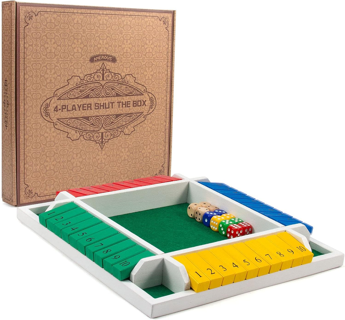 AMEROUS Shut The Box Dice Game-12 inches-Colorful Design-1-4 Players-12 Dice-Gift Package, Classic