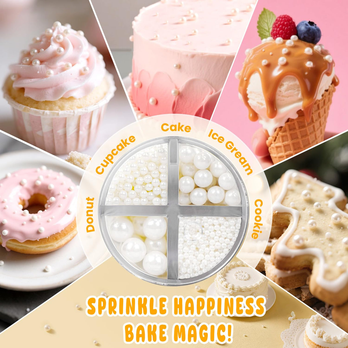 White Edible Sugar Pearl Sprinkles for Cake Decorating, Candy Pearls Sprinkles for Cupcake, Cookie