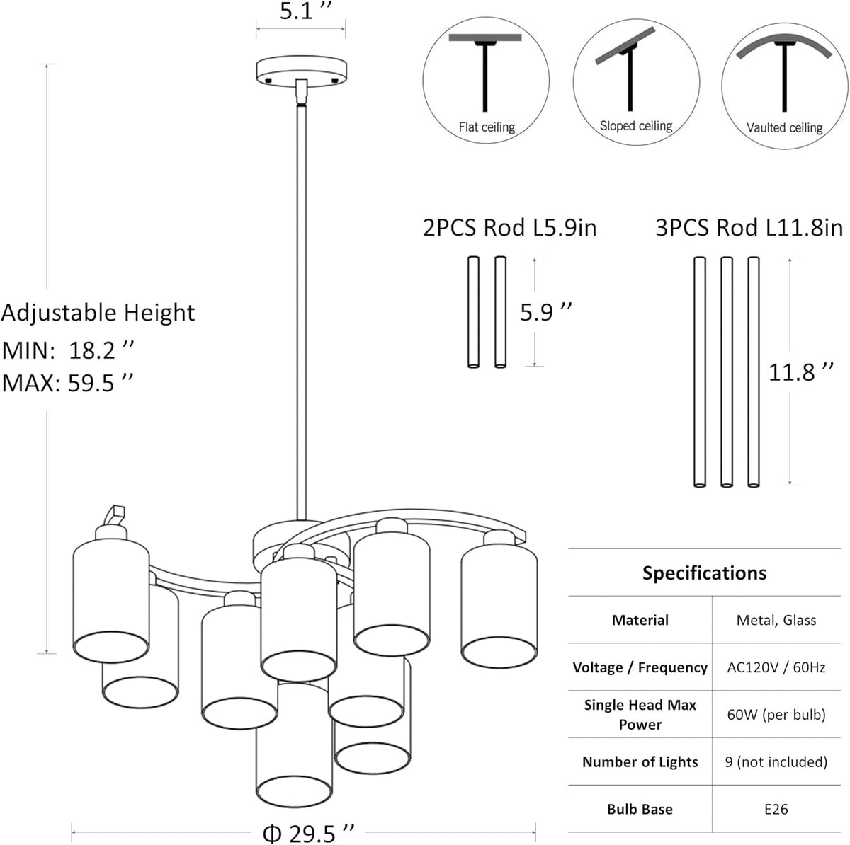 9-Light Black Modern Chandeliers for Dining Room, Adjustable Height Farmhouse Kitchen Island