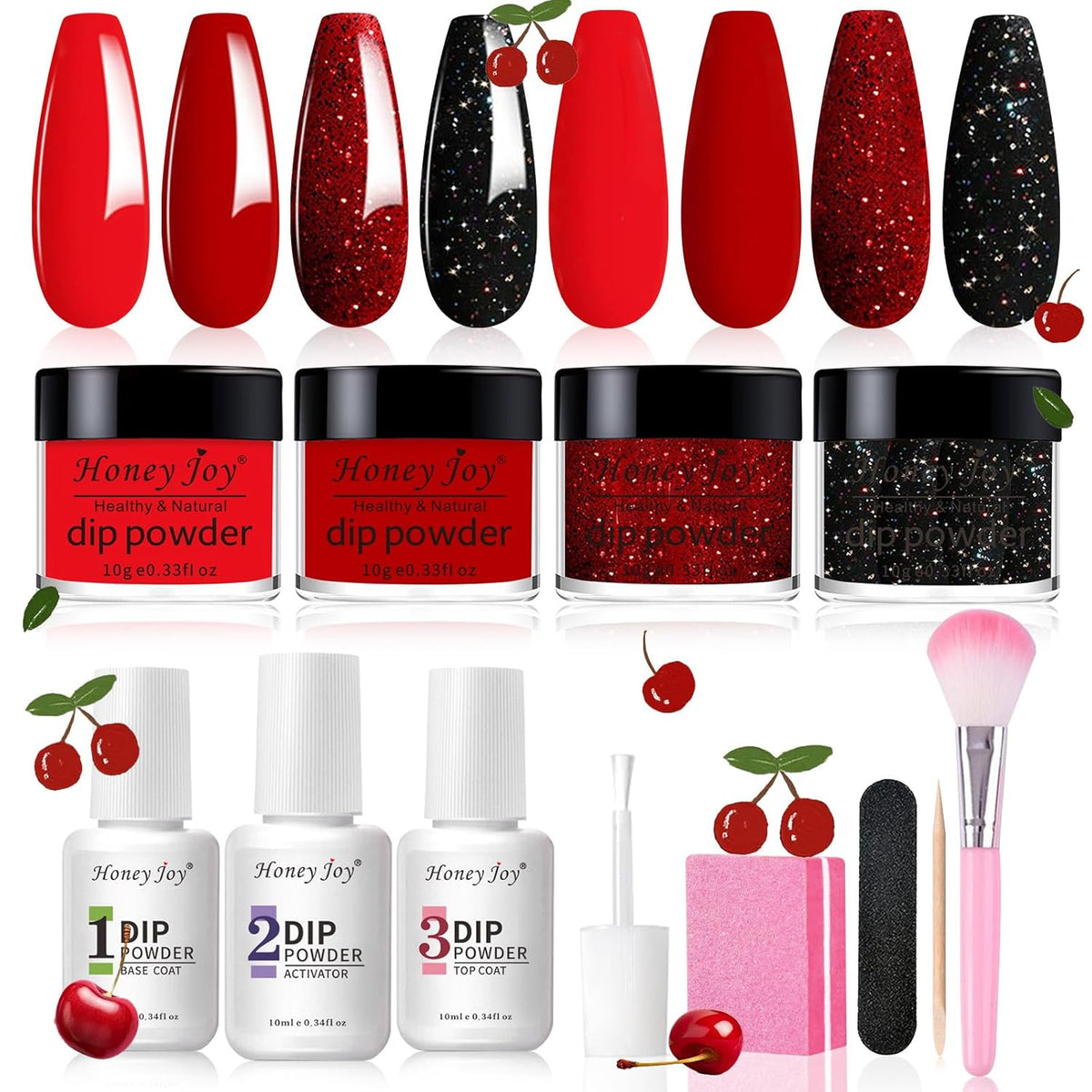 Honey Joy Dip Powder Nail Kit Starter,4 Colors Deep Red Glitter Holographic Black Dipping Powder
