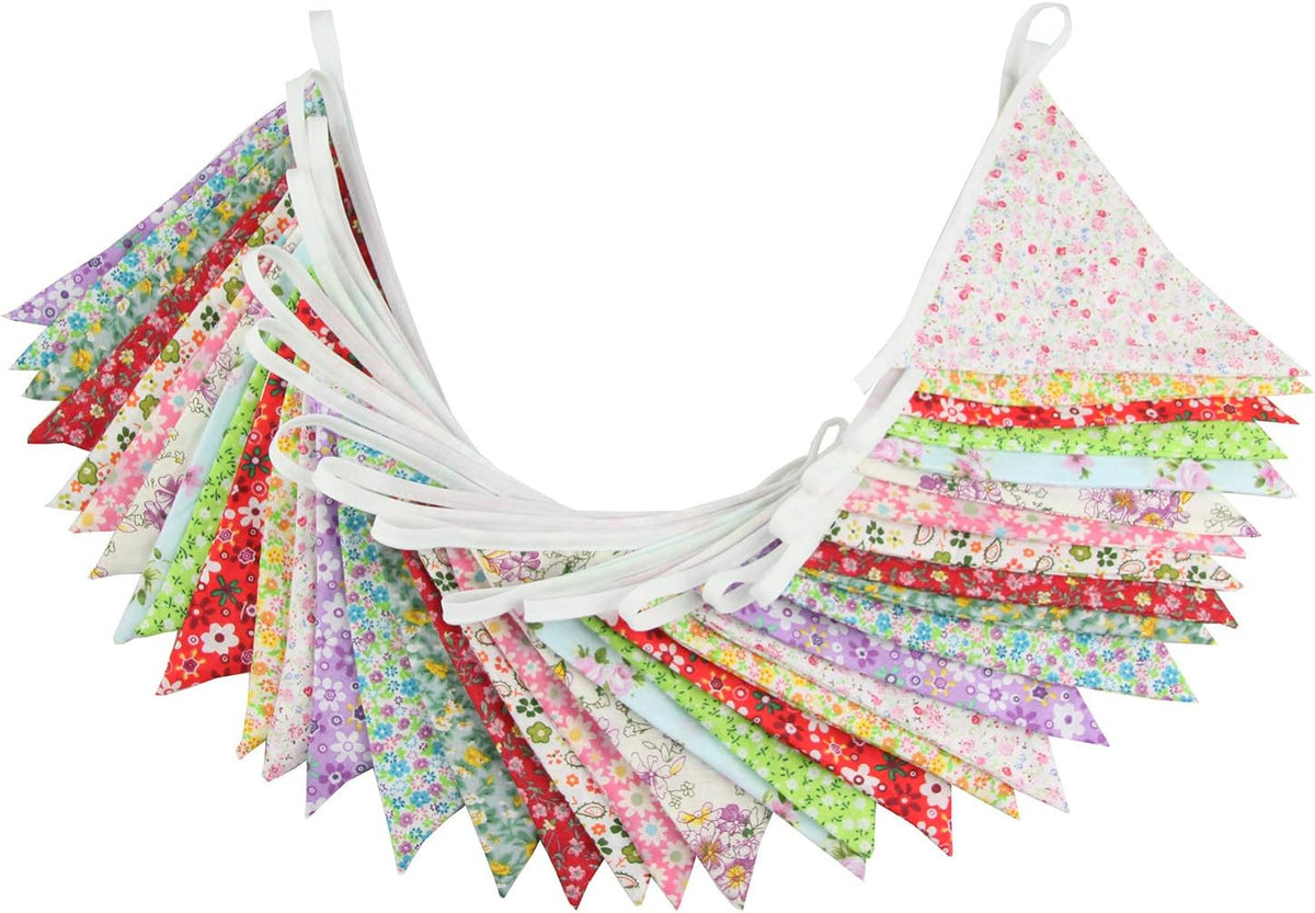 10M/32Ft Triangle Bunting Banner, 36 Pcs Cotton Fabric Flags Pennant Garlands for Birthday Party