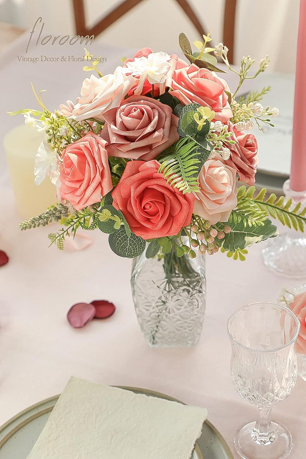 Floroom Artificial Flowers 25pcs Real Looking Coral Ombre Colors Foam Fake Roses with Stems for DIY
