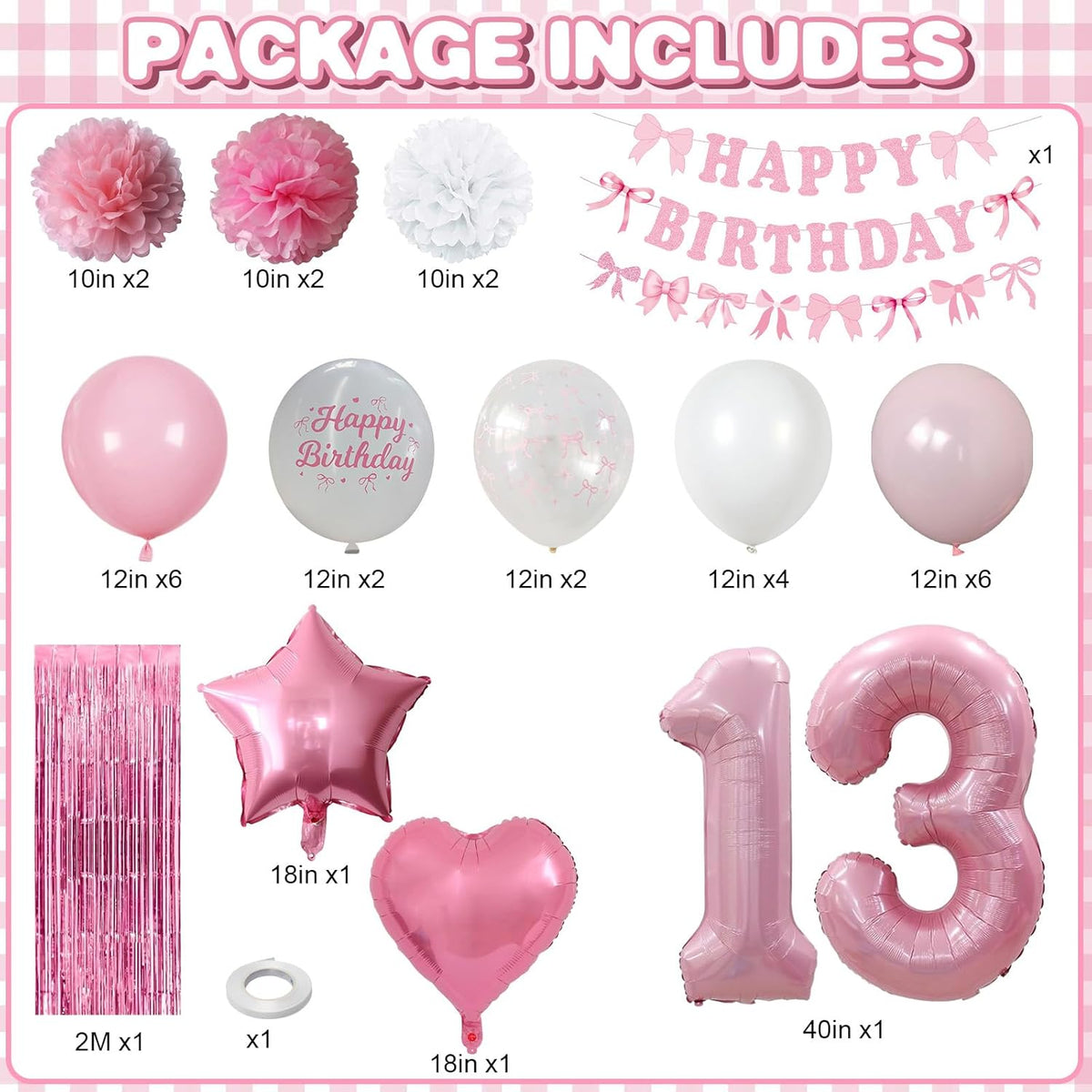 13th Birthday Decorations for Girls Pink Number 13 Balloon Bow Coquette Happy Birthday Banner