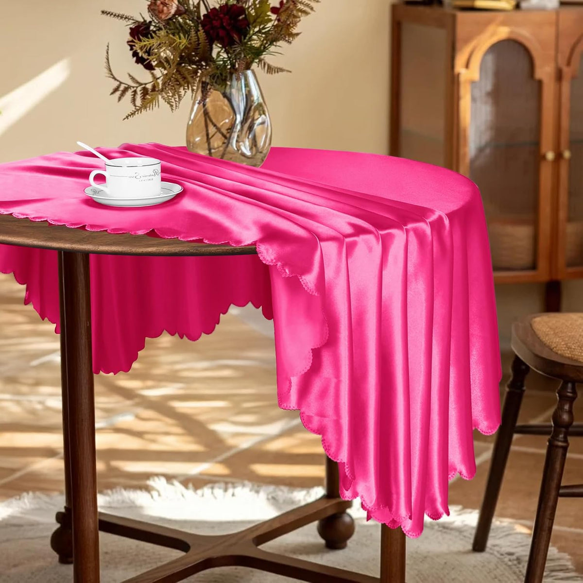 KKJIAF 1 Pack Round Table Cloths 90 Inch, Hot Pink Overlay Round Satin Table Cover, Silky Satin