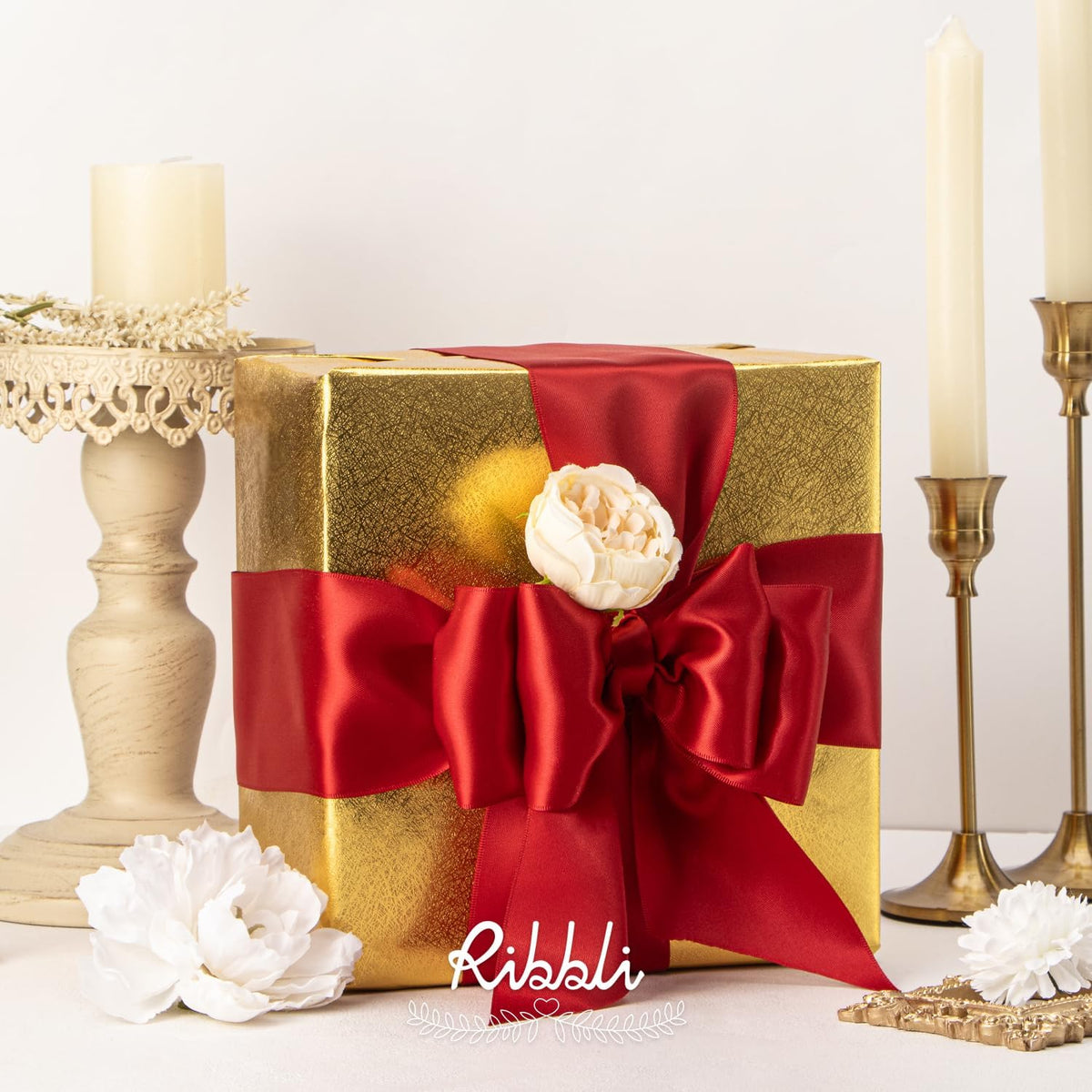 Ribbli Red Double Faced Satin Ribbon, 3” x Continuous 10 Yards,Use for Bows Bouquet,Christmas Gift