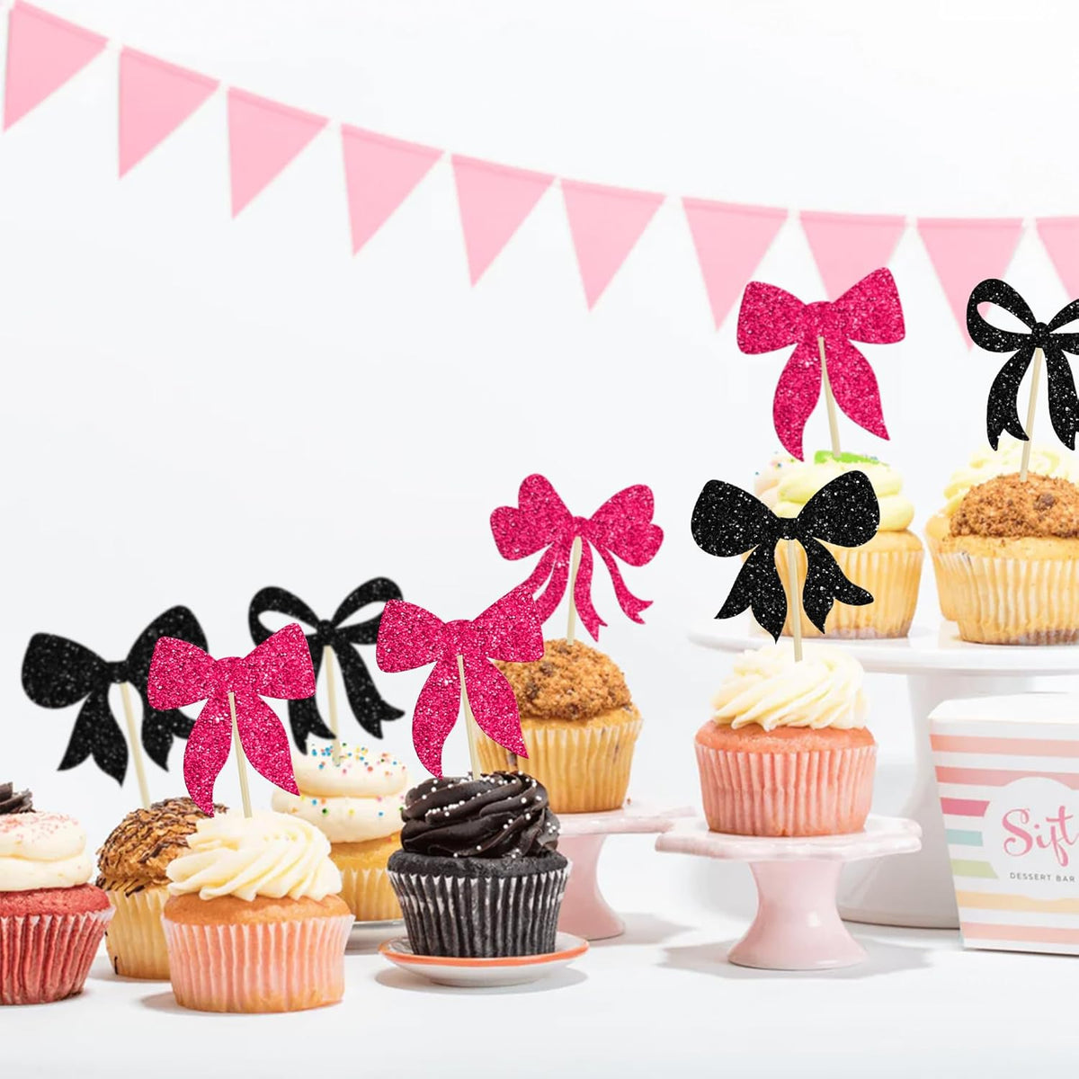Gyufise 36Pcs Bow Cupcake Toppers Glitter Bowknot Cupcake Picks Bow Tie Birthday Decorations Bow