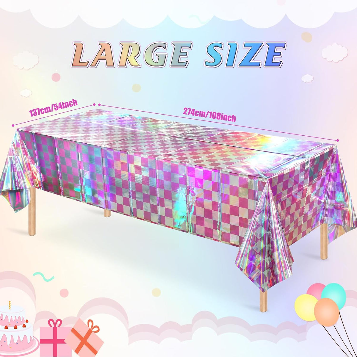 6 Pack Pink and Iridescent Checkered Plastic Tablecloth, Shiny Disposable Laser Rectangle Table