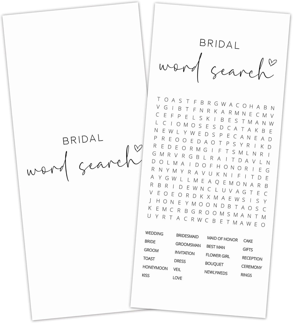 Bridal Shower Games, Word Search, 25Pcs 4x9inch Minimalist White Double-Sided Bridal Game Cards