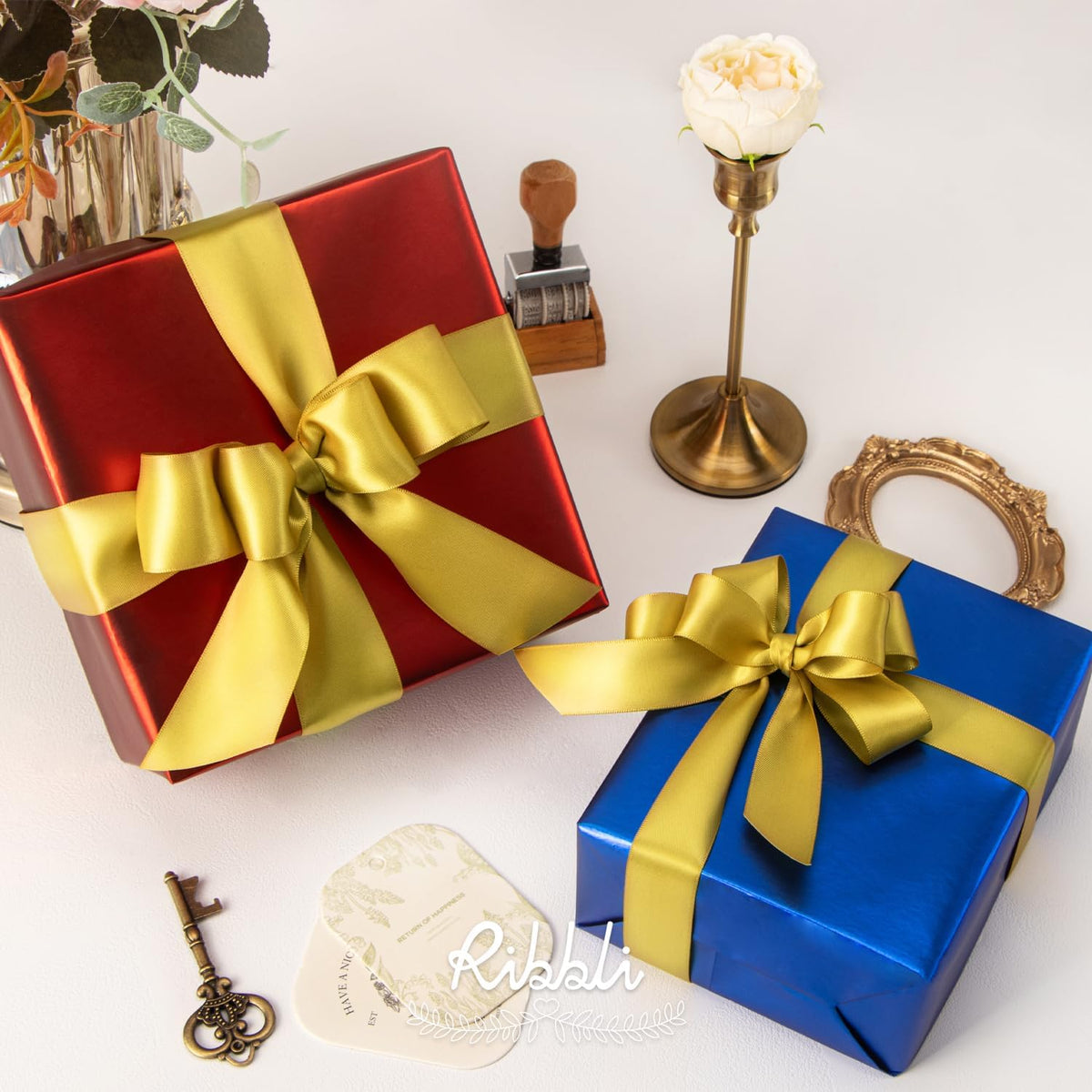 Ribbli Gold Double Faced Satin Ribbon,1” x Continuous 25 Yards,Use for Bows Bouquet,Gift