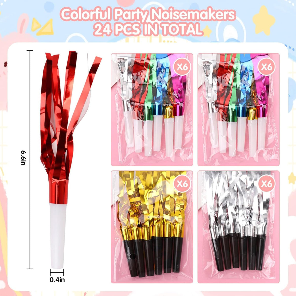 24 Pcs Glitter Noisemakers, Metal Tassel Music Birthday Blowers, Horn Whistles Party Favors Blow