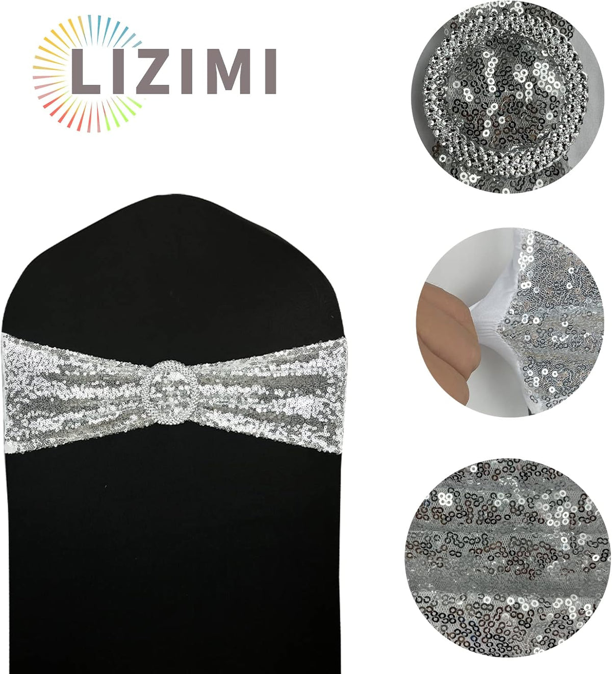 10 Pcs Chair Sashes Sequin Stretch Chair Bands Spandex Polyester Bows for Party Hotel Wedding