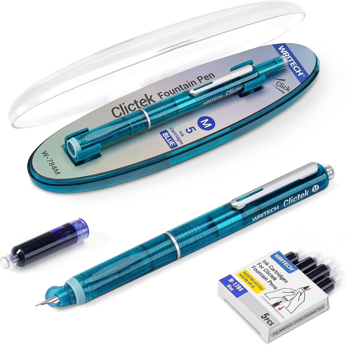 WRITECH Clictek Fountain Pen Set: Retractable Style Blue Ink Medium Nib Transparent Barrel