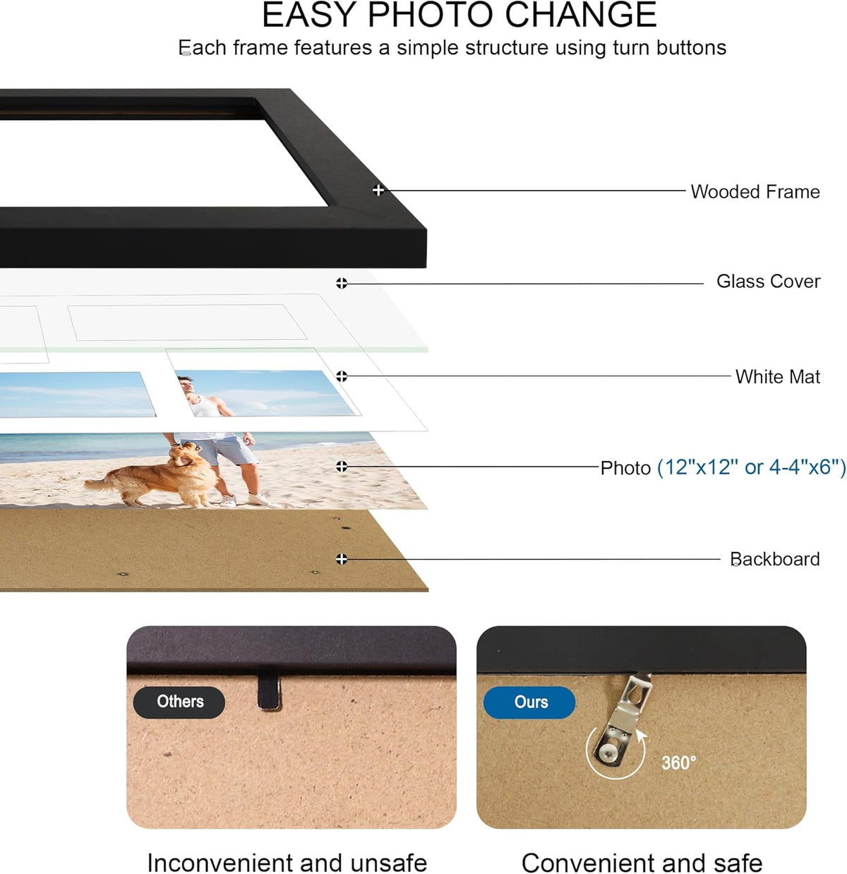 12x12 Picture Frame Set of 2, Black Wood Frame with Glass Collage Frame, Display Pictures 4-4x6