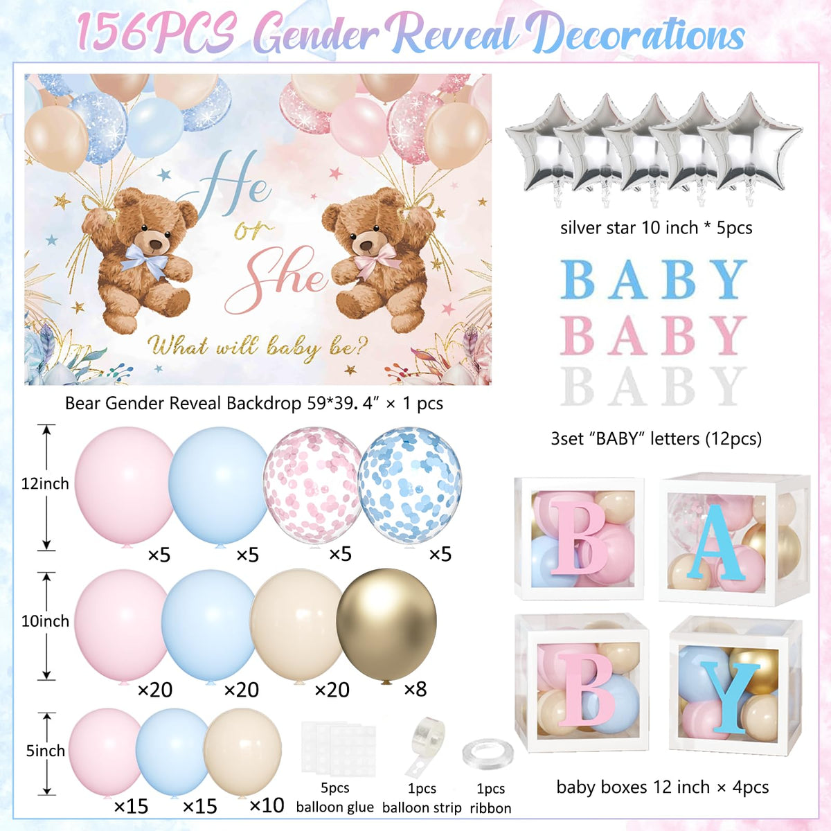 Bear Gender Reveal Decorations - 158pcs Pink Blue Balloon Garland Kit, 4pcs Baby Boxes With