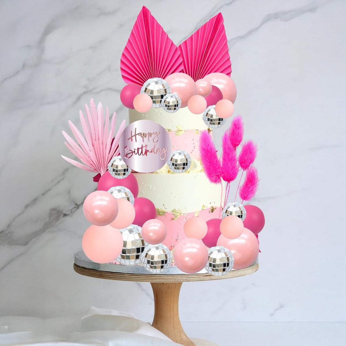 Ephlyn 33 Pack Balls Cake Toppers Boho Palm Leaves Cake Decorations Round Acrylic Happy Birthday