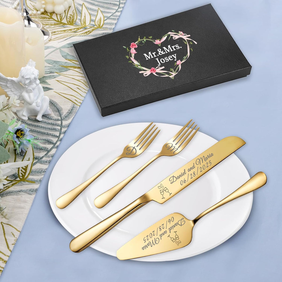 Personalized Wedding Cake Knife and Server Set, Custom Names Cake Cutting Set with Stainless Steel