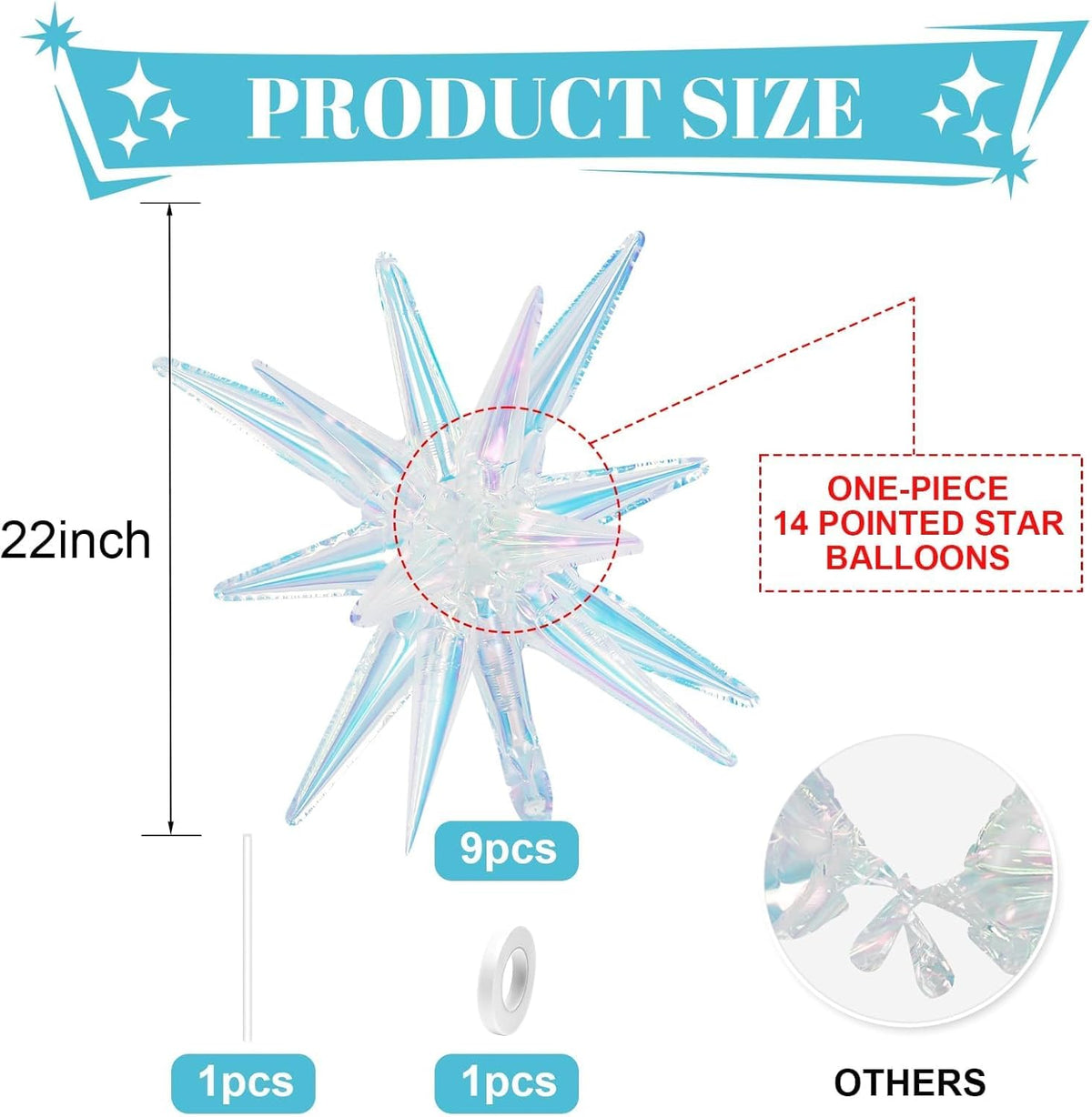 Iridescent Star Balloons,9Pcs 22Inch Iridescent Clear Explosion Spike Cone Helium Polyester Film