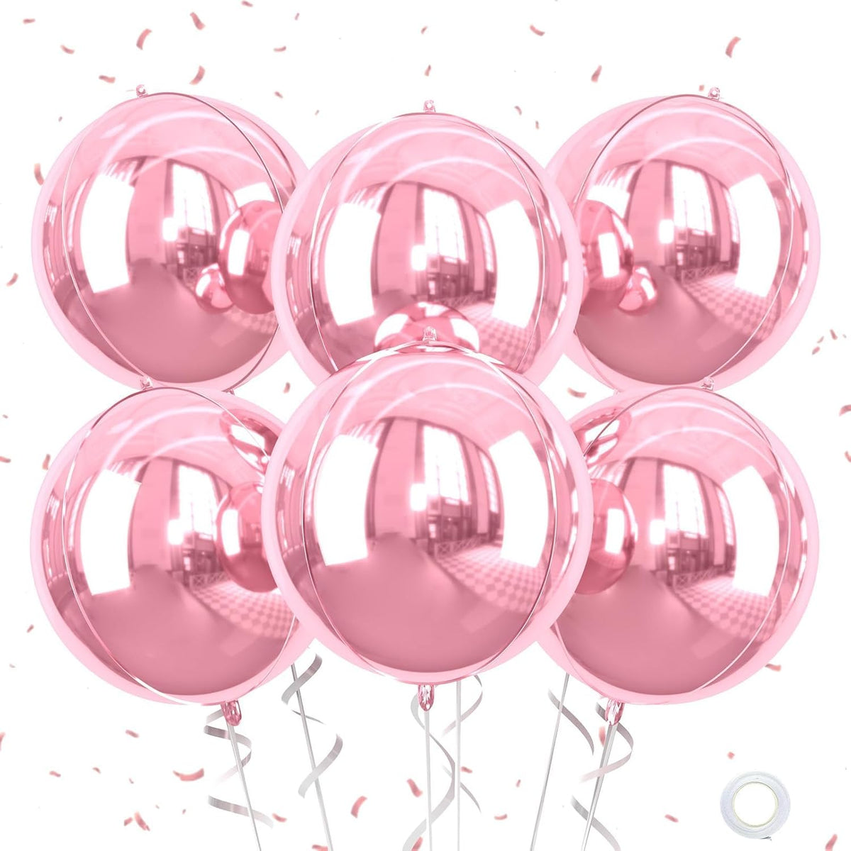 Giant 4D Pink Foil Balloons, 6Pcs Large Metallic Pink Round Balloons, 22 Inch Big Round Foil