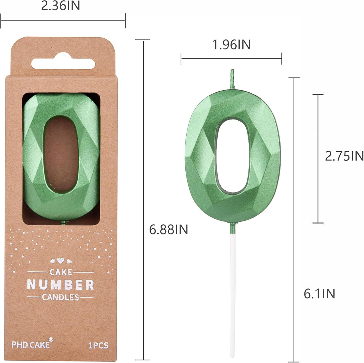 PHD CAKE 2.76 Inch Crystal Green 0 Number Cake Candle, Numeral Birthday Candles, Green Number