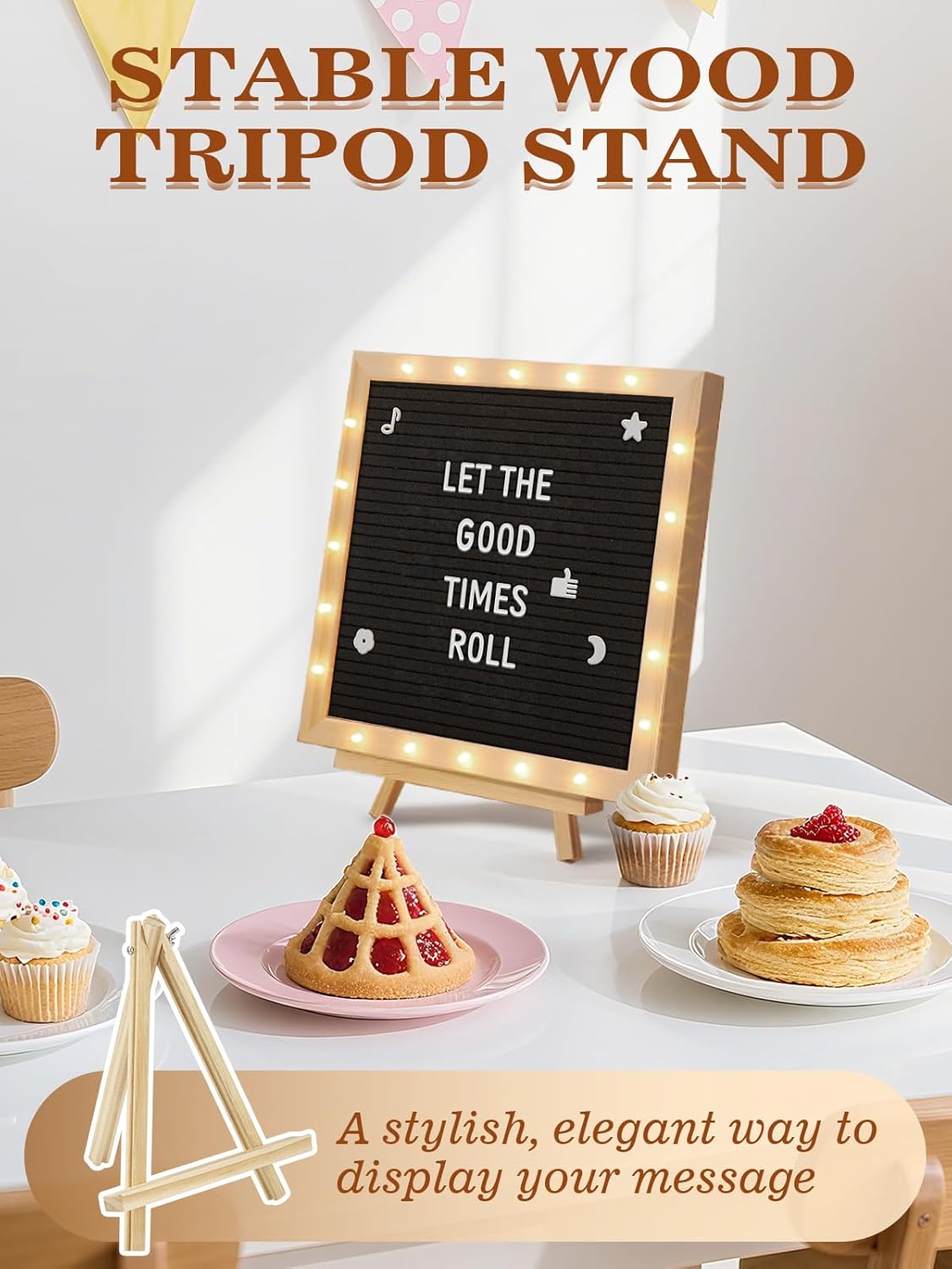 Light up Changeable Felt Letter Board Sign with LED Lights - 10×10" Message Board & Wood Stand &