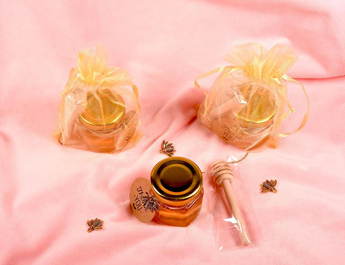 Adabocute Mini Honey Jars - Honey Pot With Honey Dipper, Bee Pendants, Jutes, Tags and Gold Organza