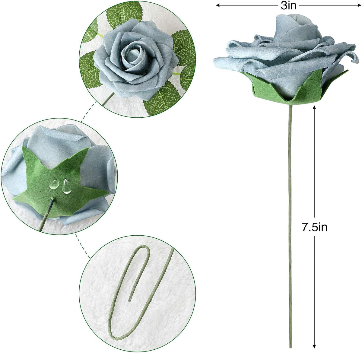 AmyHomie Artificial Flower Dusty Blue Shades Rose 25pcs Real Looking Fake Roses w/Stem for DIY