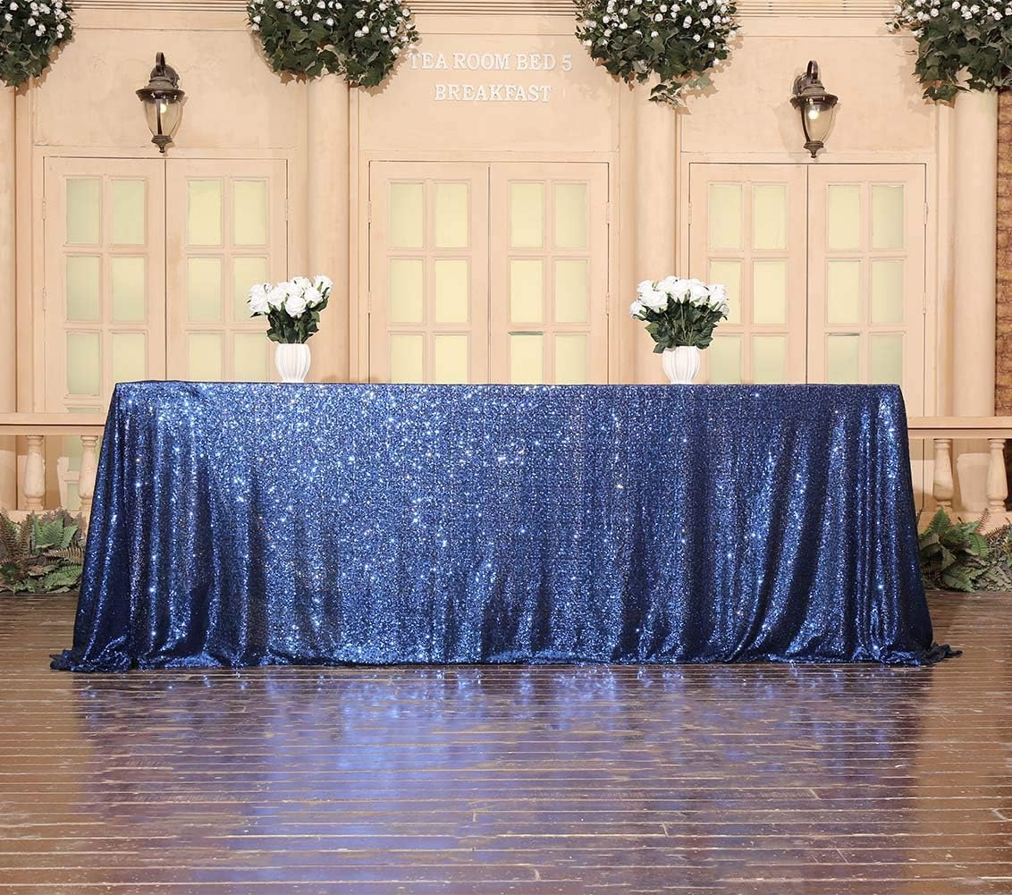SquarePie Sequin Tablecloth Rectangular 60 x 102 Inch Navy Blue Sparkly Table Linen for Wedding