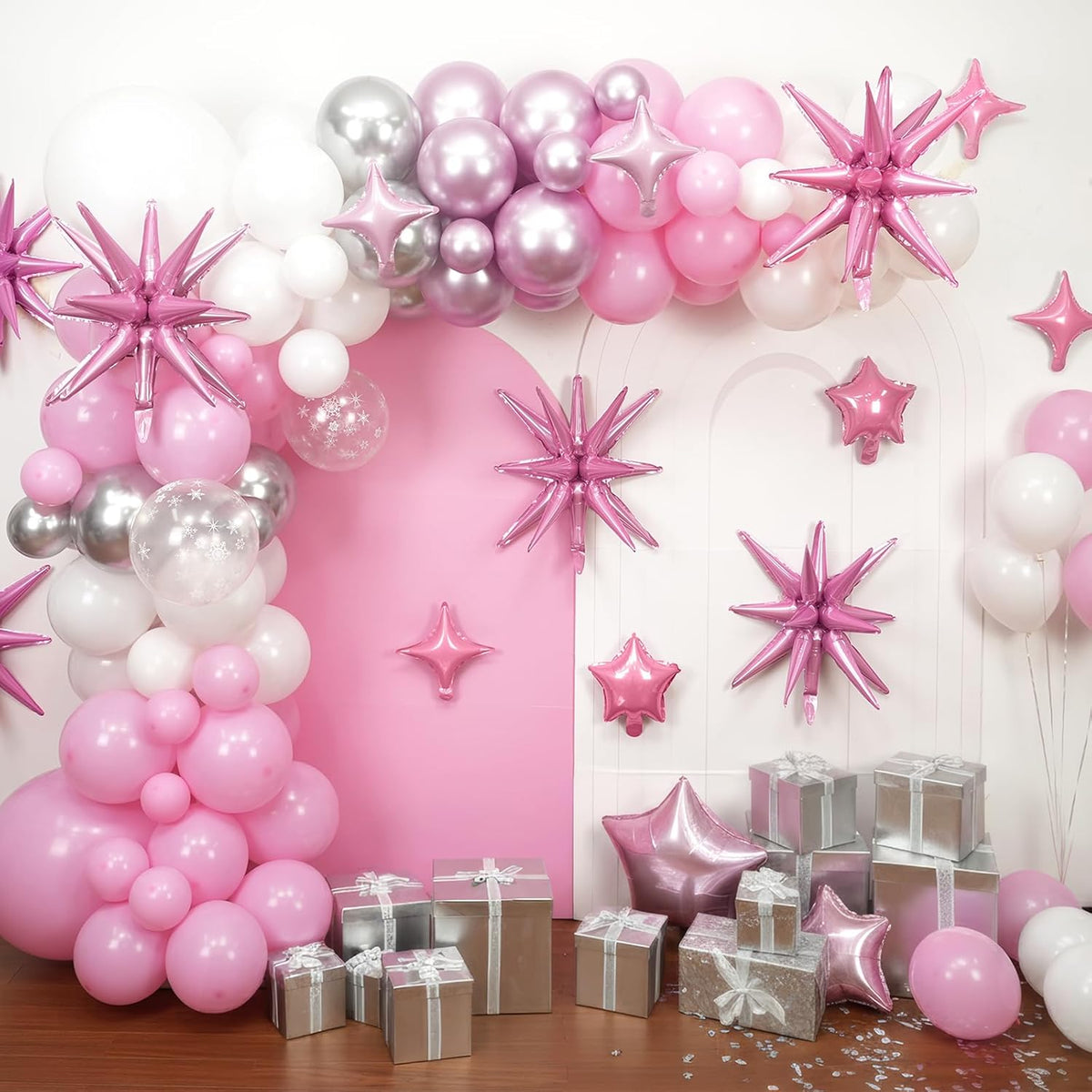 Pink Star Balloon,16Pcs Light Pink Star Foil Balloons Set with 22Inch Explosion Spike Cone Balloons