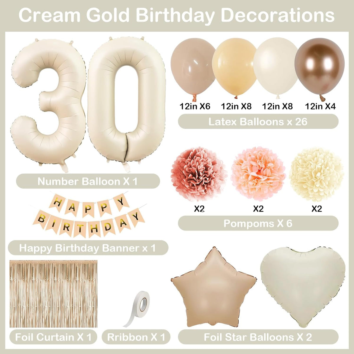 Beige 30th Birthday Decorations for Her Cream Number 30 Balloon Nude Gold Happy Birthday Banner
