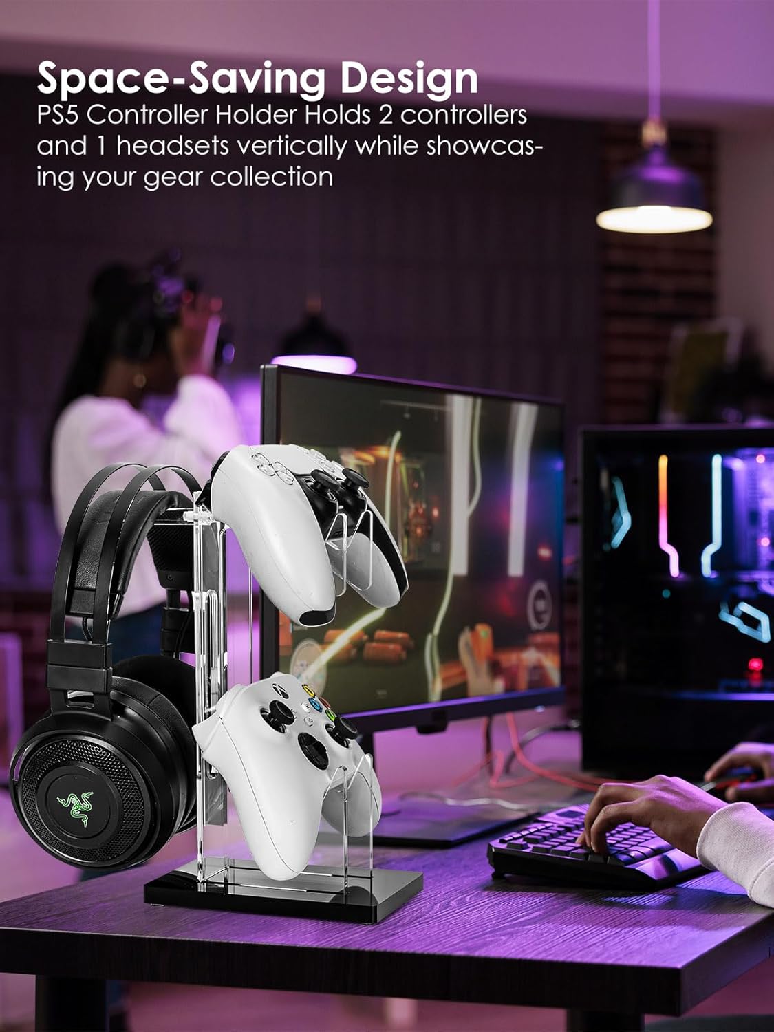 OAPRIRE Headset and Controller Stand, Space-Saving 2 Tier Game Controller Holder, Acrylic