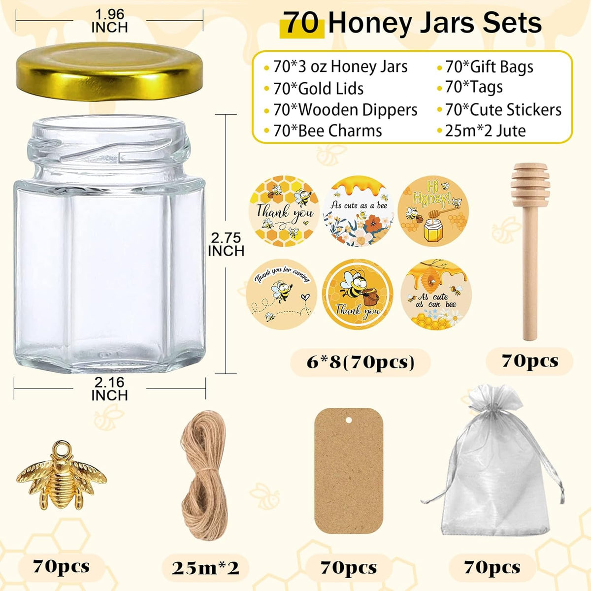 Aliggbent 70 Pack Small Honey Jars for Party Favors in Bulk, 3 oz Mini Hexagon Glass Honey Jars