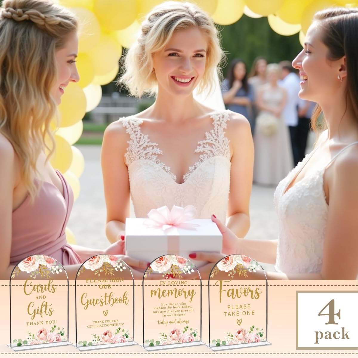 4 Pcs Acrylic Wedding Signs for Reception, Bridal Shower Decorations, Cards and Gifts Signs, Guest