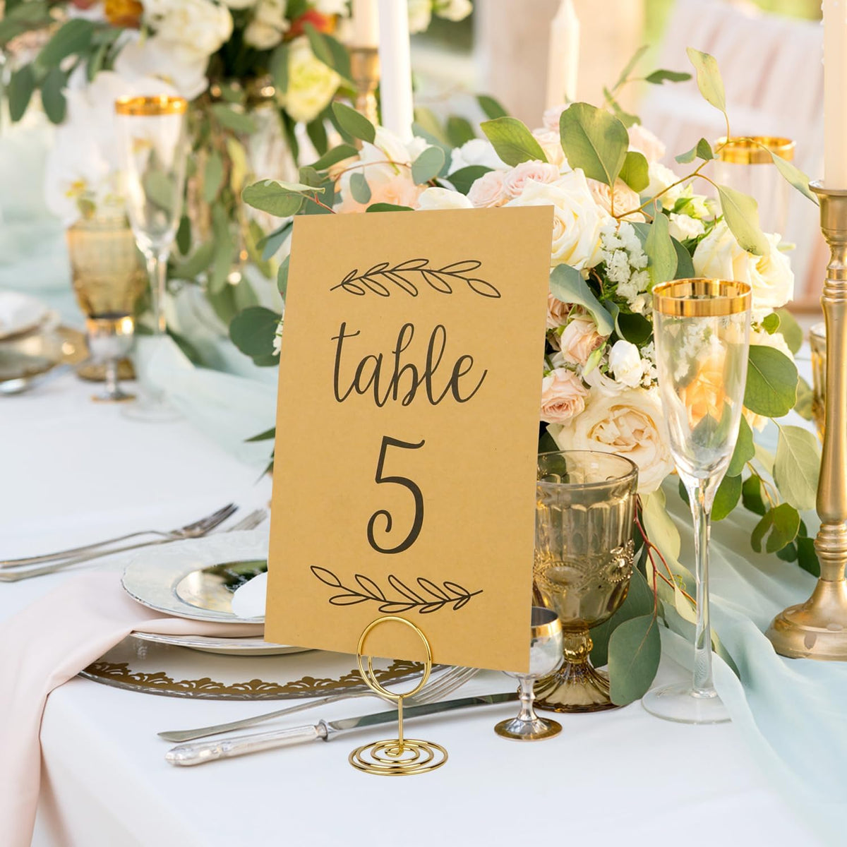Wedding Table Numbers 1-25, 25 Karft Cards with 25 Gold Holders, 1 Set of 25 Table Numbers for