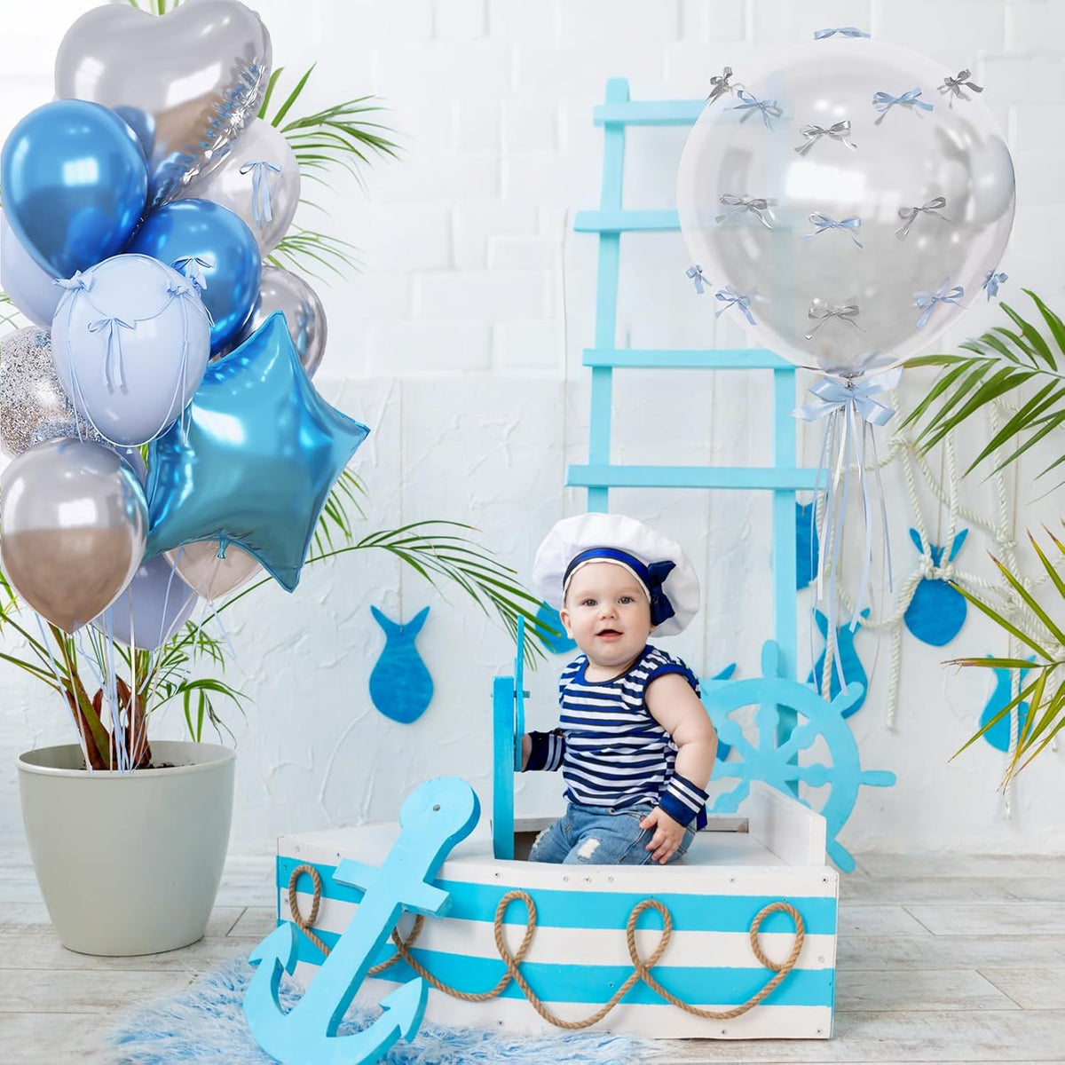 Blue and Silver Balloons Heart Star Mylar Balloons, Happy Birthday Decorations for Men Women